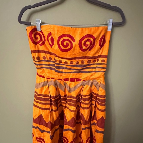 Ellen Tracy Linen Strapless Maxi Dress Orange Tribal Print Geometric Sz 12 Zip - Picture 2 of 8